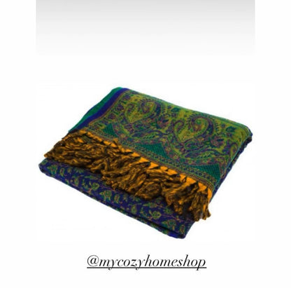 Zili zaļš vilnas pleds no Kašmīras, Indijas