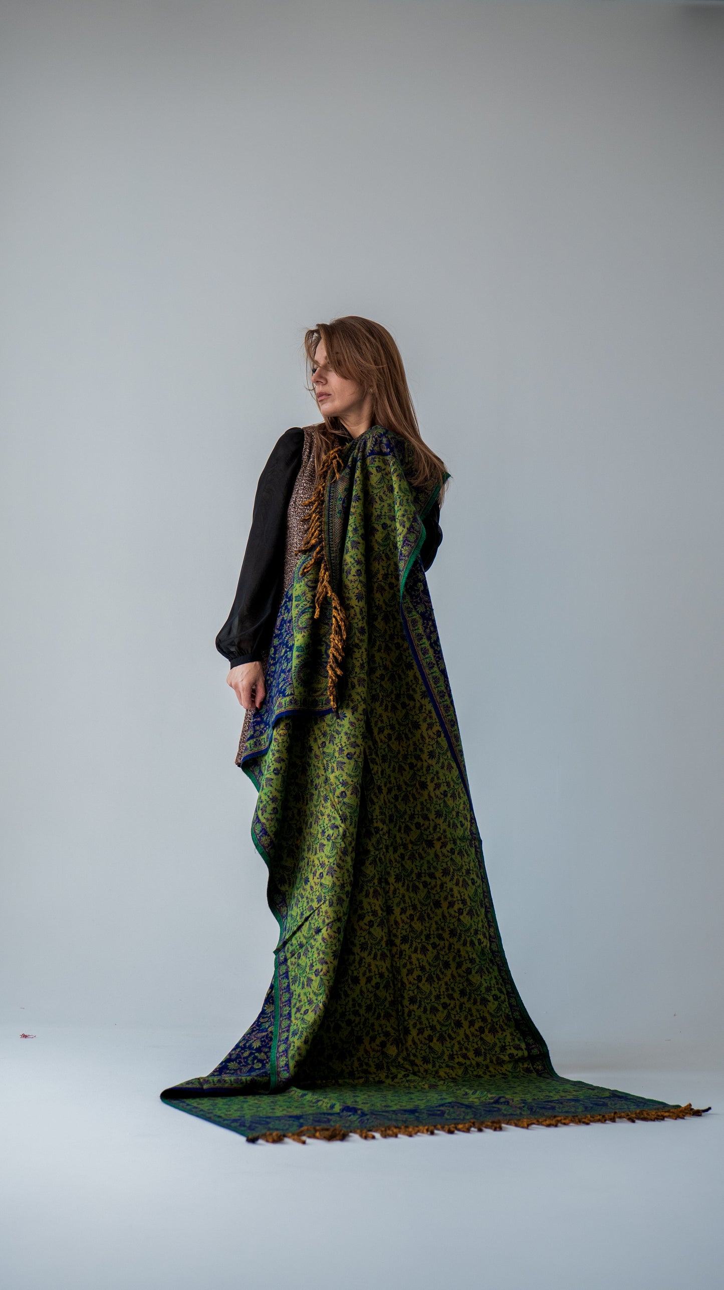 Zili zaļš vilnas pleds no Kašmīras, Indijas