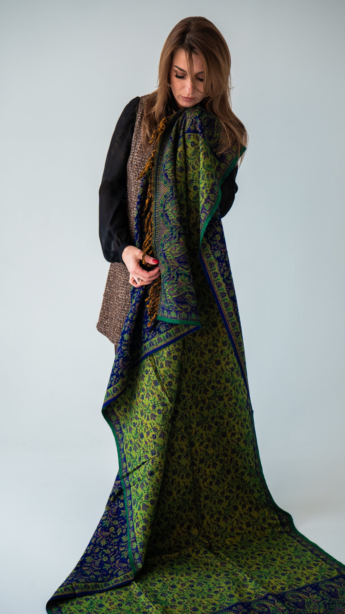 Zili zaļš vilnas pleds no Kašmīras, Indijas