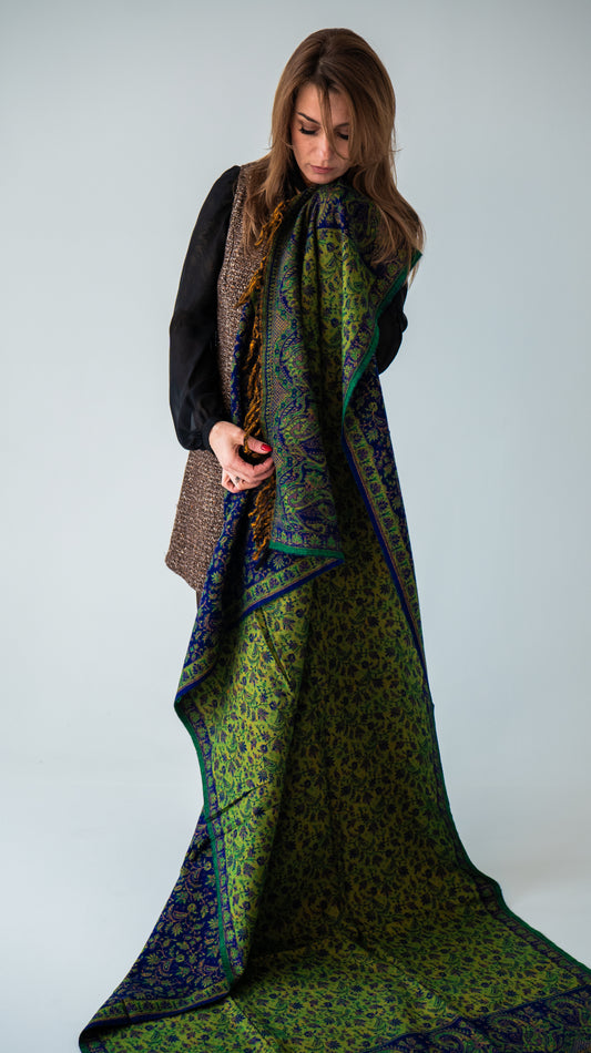 Zili zaļš vilnas pleds no Kašmīras, Indijas