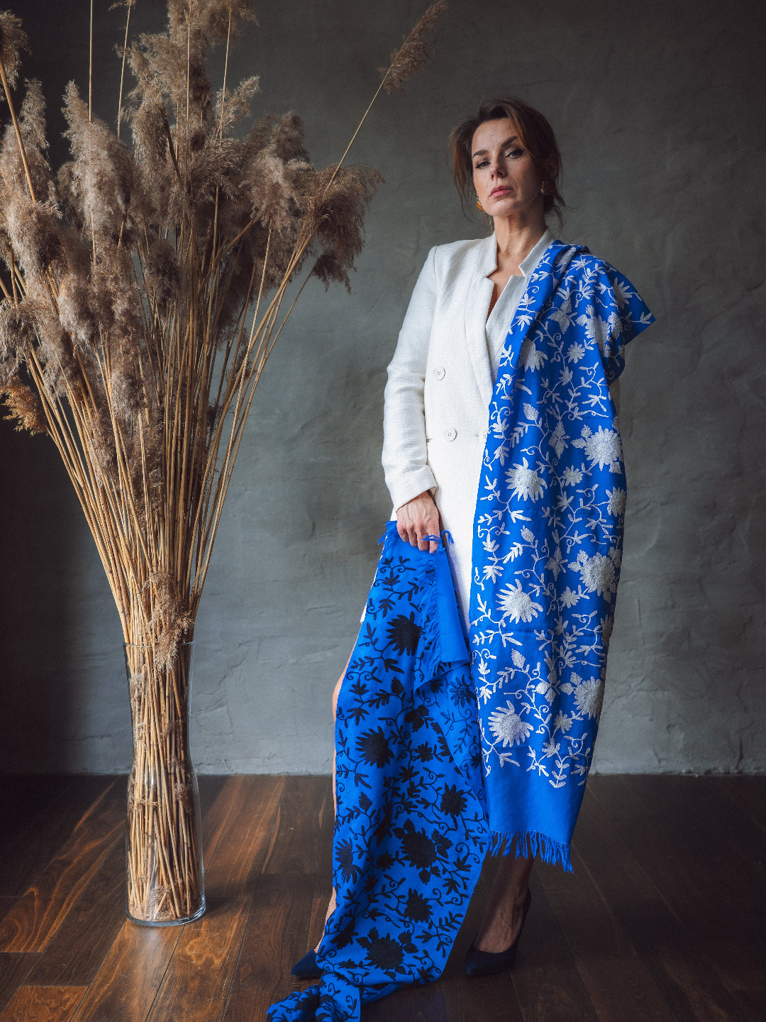 Zila šalle no Kašmīras, Indijas - 100% rokudarbs