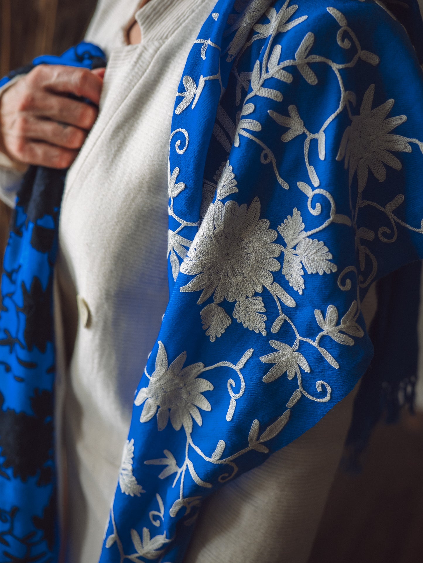 Zila šalle no Kašmīras, Indijas - 100% rokudarbs